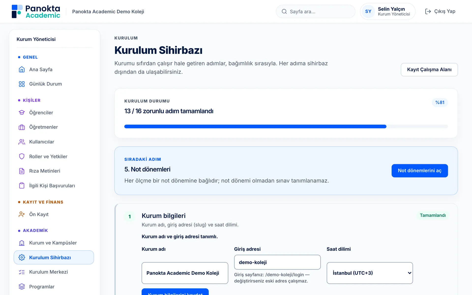 Kurulum sihirbazı: tamamlanan zorunlu adımlar ve sıradaki adım