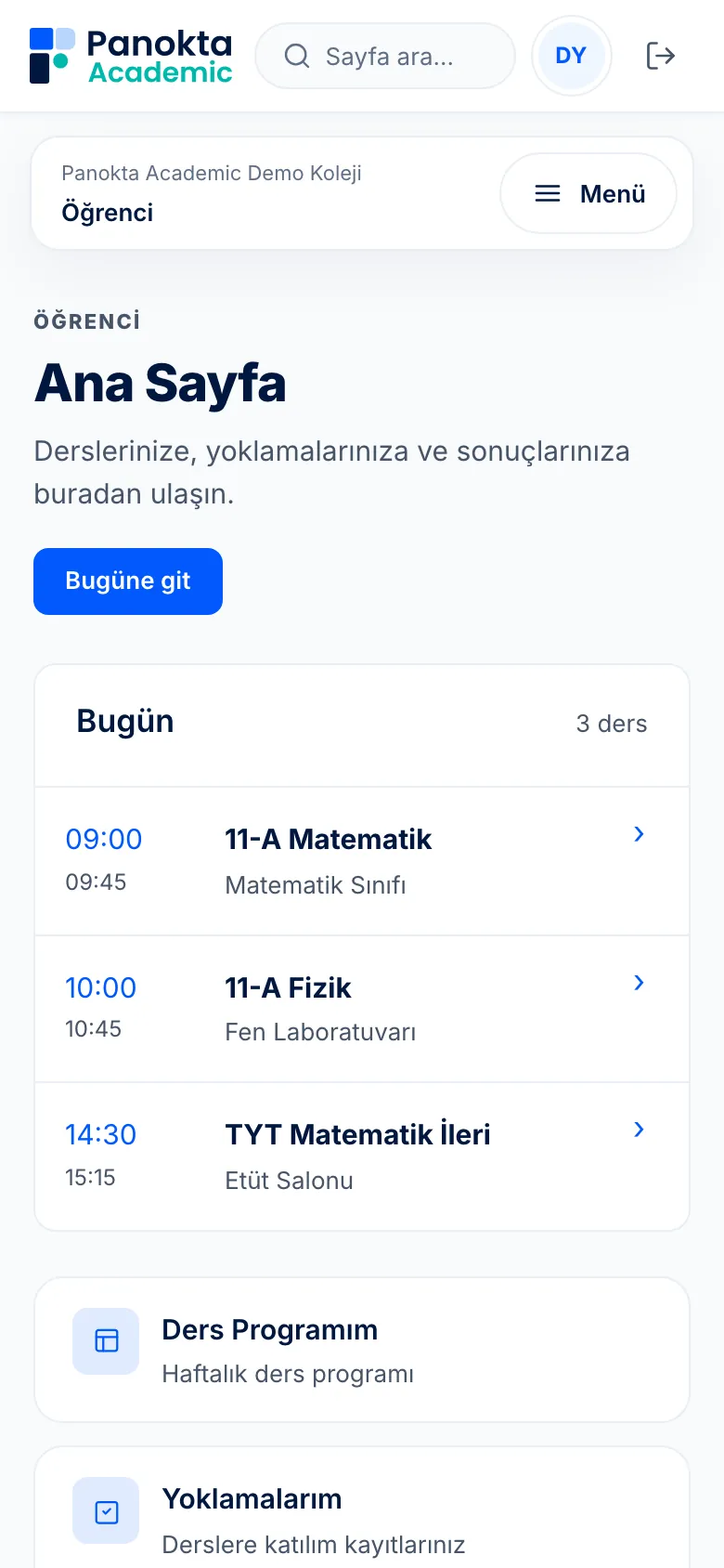 Öğrenci ana sayfası: bugünün dersleri ve kendi sayfaları