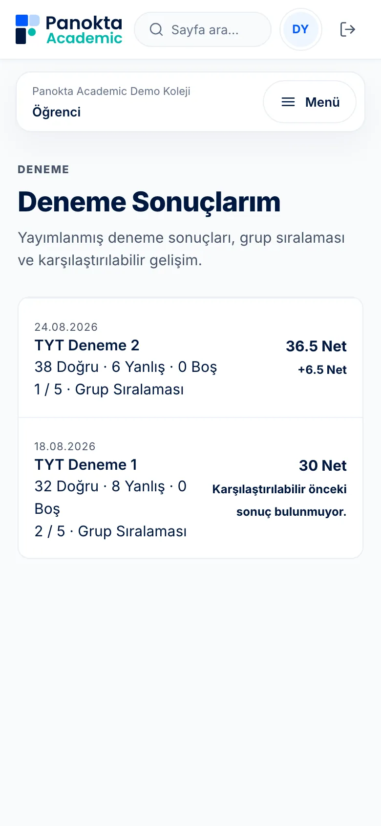 Deneme sonuçları: net, grup sıralaması ve önceki denemeye göre değişim