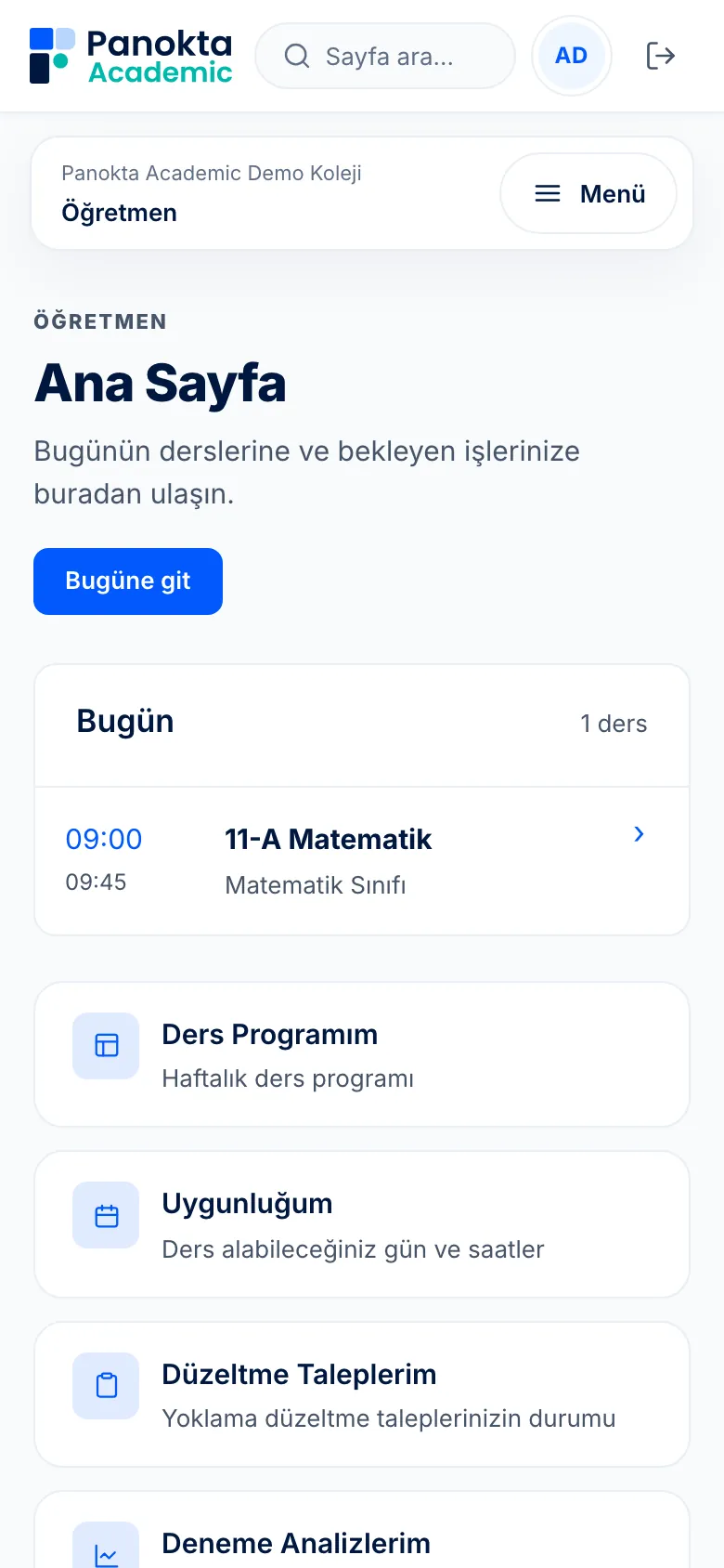 Öğretmenin telefondaki ana sayfası: bugünün dersi ve kendi sayfaları
