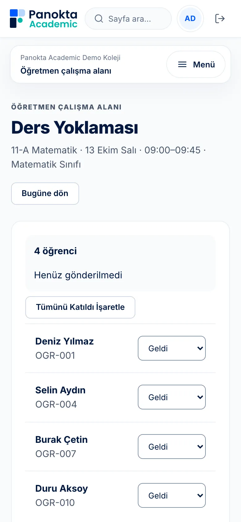 Öğretmen ders yoklaması: öğrenci listesi ve durumlar